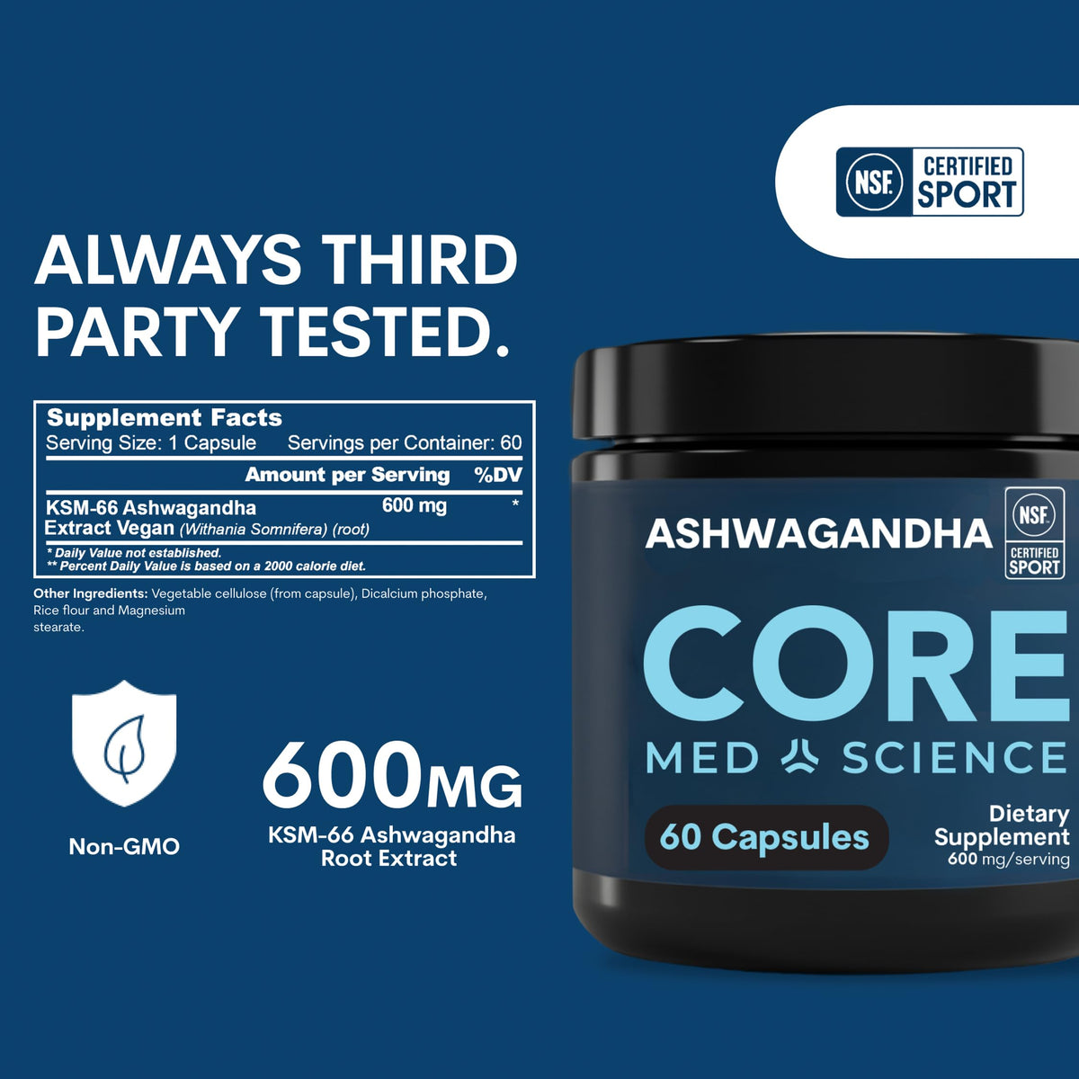 Core Med Science Ashwagandha KSM-66 600mg, capsule unique sur fond blanc
