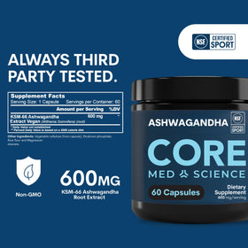 Core Med Science Ashwagandha KSM-66 600mg, capsule unique sur fond blanc