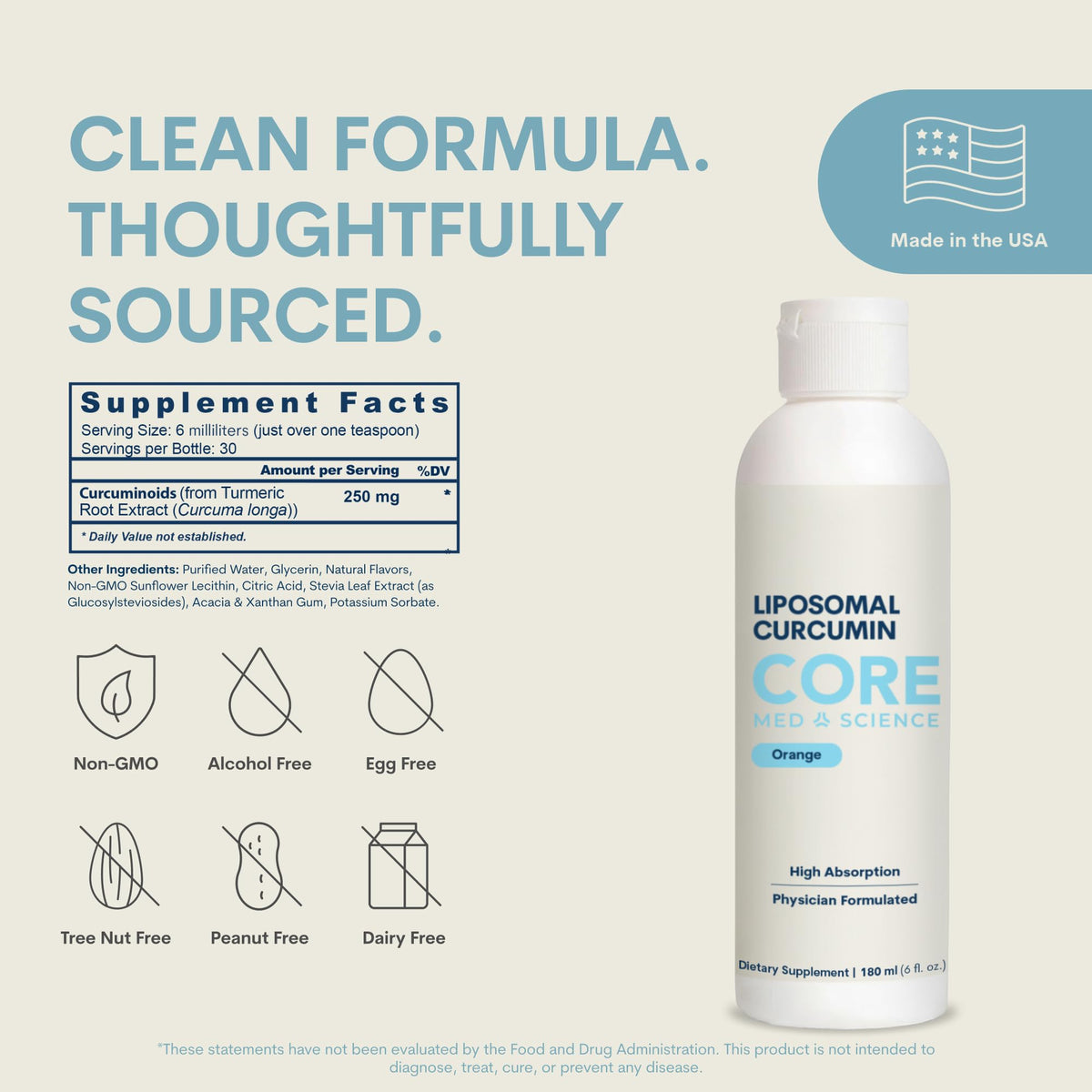 Core Med Science Curcuma Liposomal 250 mg vue de côté avec bouchon