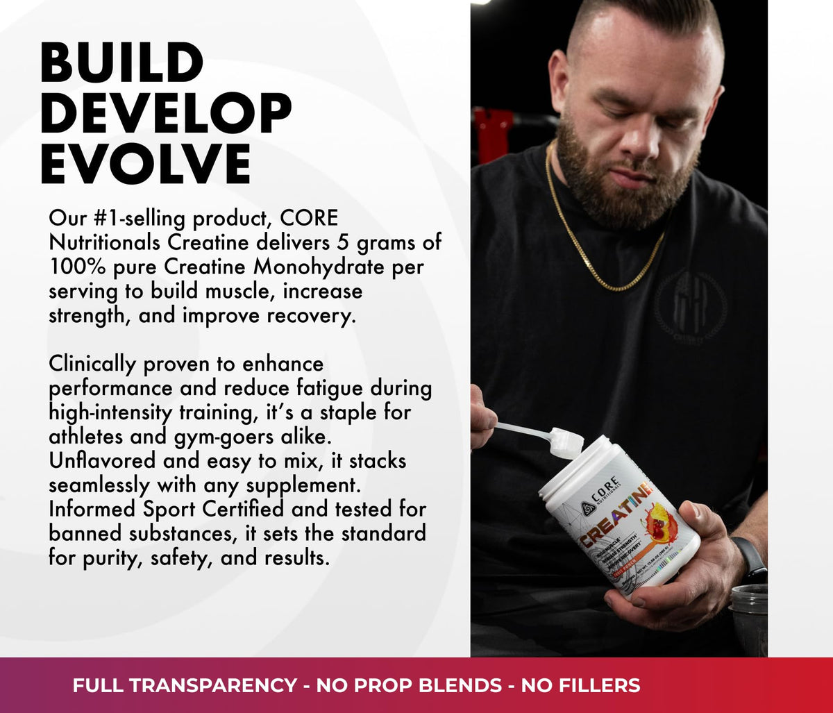 Core Nutritionals Créatine Monohydrate 50 Portions Goût Punch de Fruits étiquette détaillée