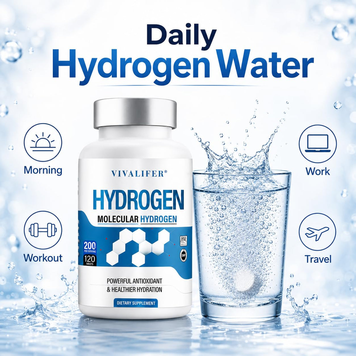 CORELIX comprimés d'eau hydrogénée 12 PPM, mise en scène avec bouteille d'eau