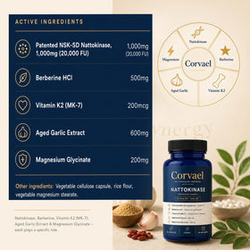 Corvael Nattokinase 20000 Fu capsules sur fond blanc