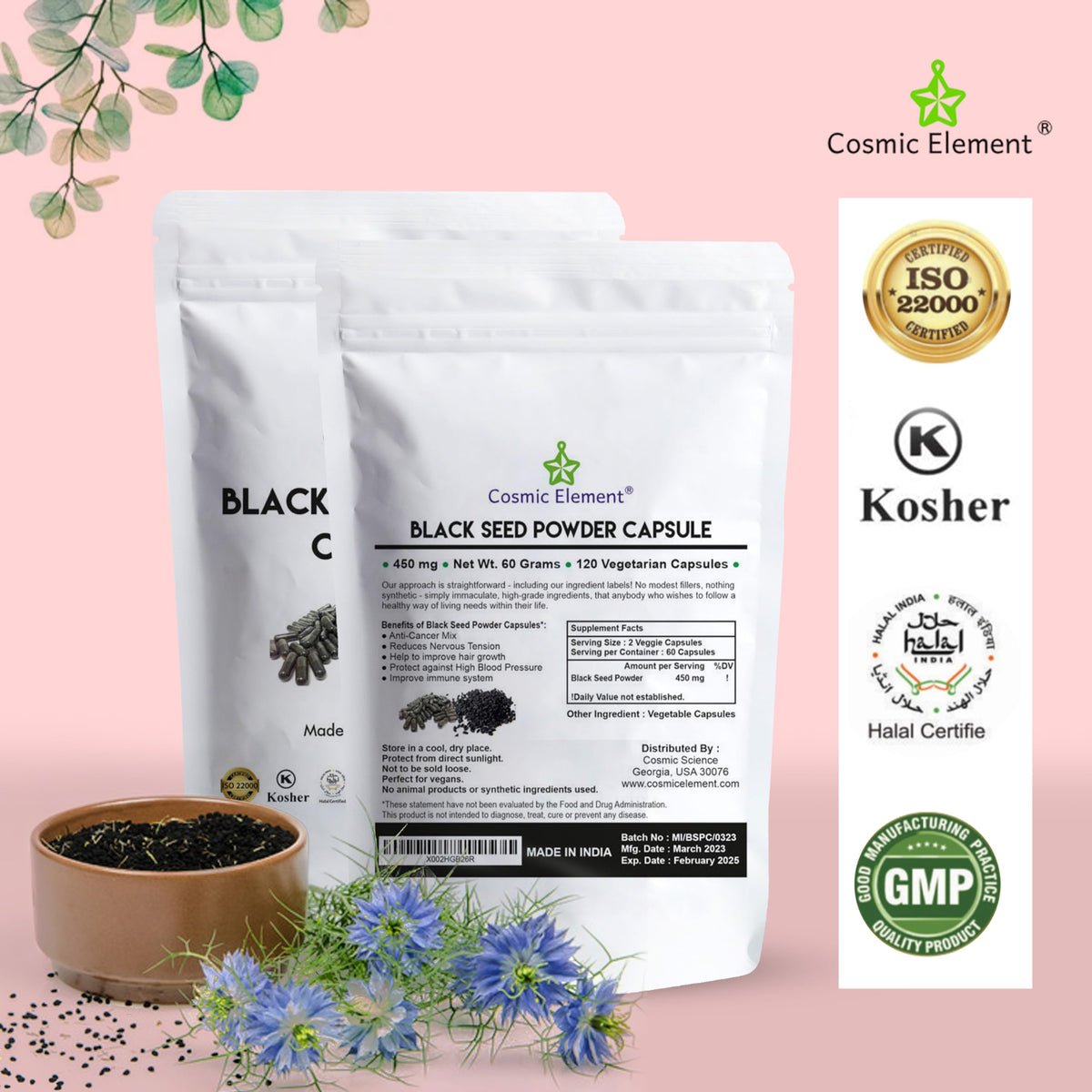 Cosmic Element Poudre de Graines Noires Bio 450mg Capsules avec étiquette