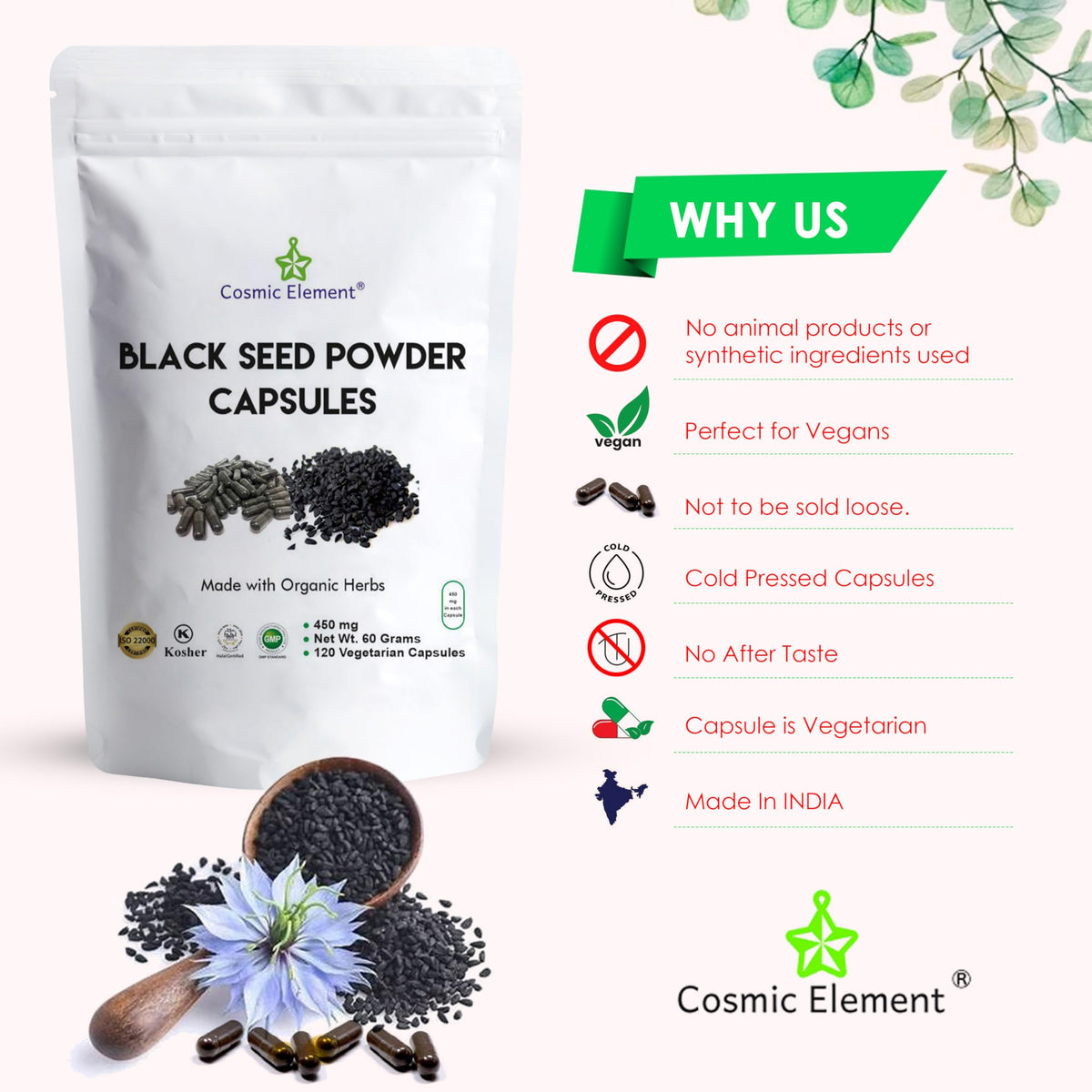 Cosmic Element Poudre de Graines Noires Bio 450mg Capsules avec un verre d'eau