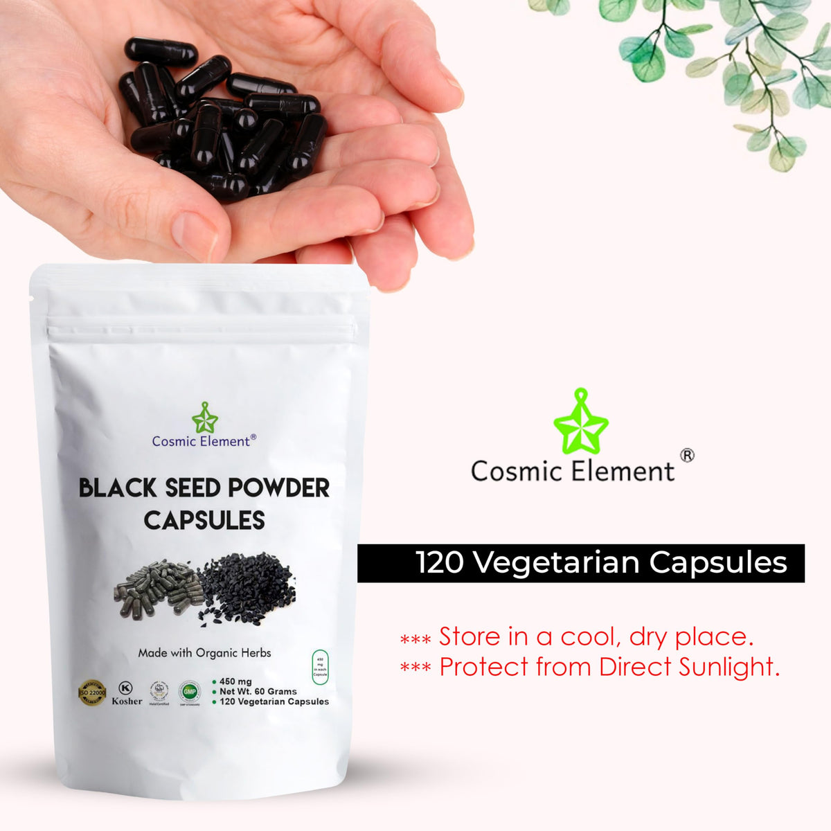 Cosmic Element Poudre de Graines Noires Bio 450mg Capsules sur une table