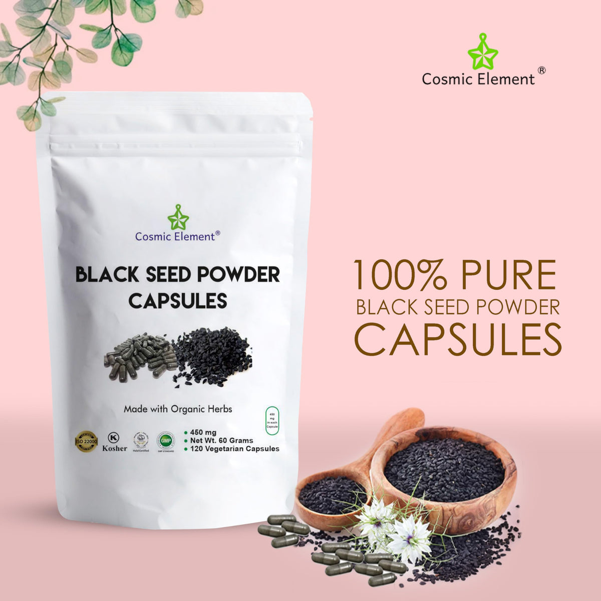 Cosmic Element Poudre de Graines Noires Bio 450mg Capsules vue arrière