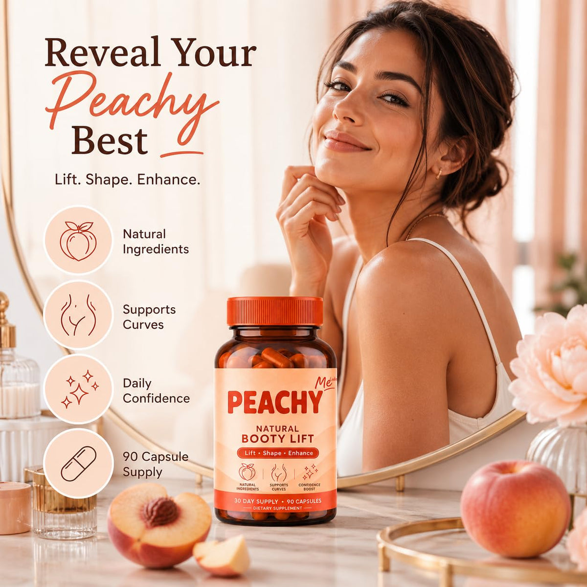 Cosmody Peachy Me BBL Pills sur une table en bois