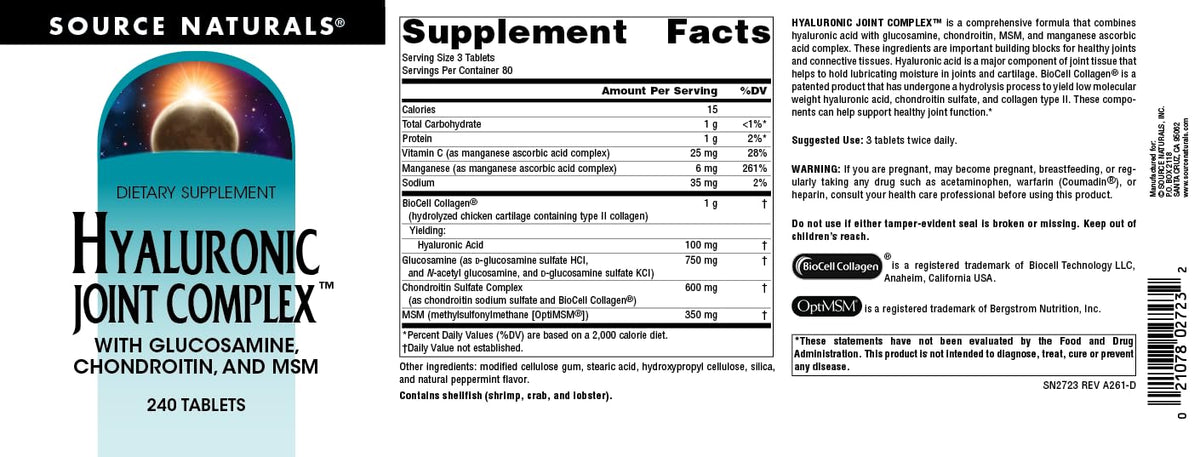 Côté de la bouteille de Source Naturals Hyaluronic Joint Complex