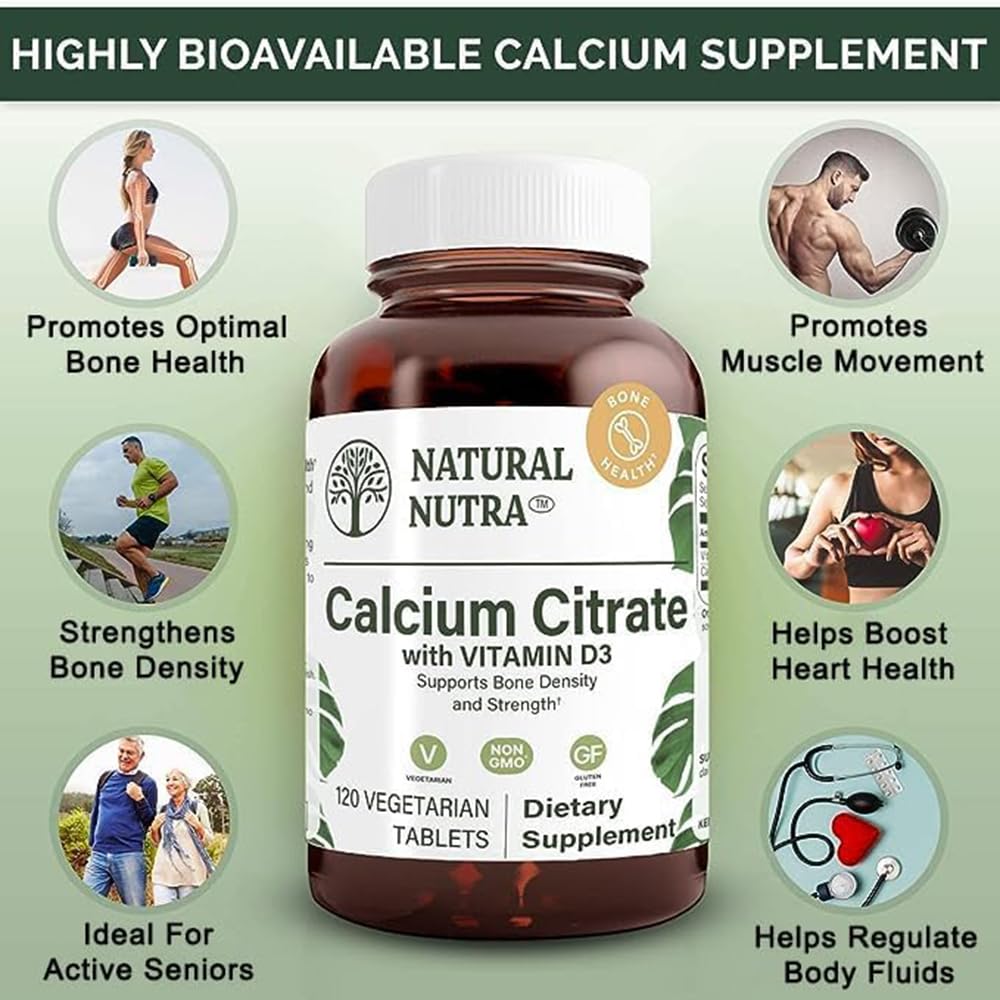 Côté du flacon de citrate de calcium Natural Nutra avec étiquette visible