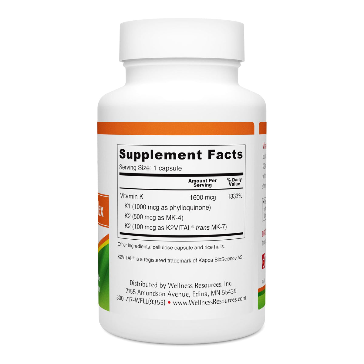 Côté du flacon de Wellness Resources avec informations nutritionnelles
