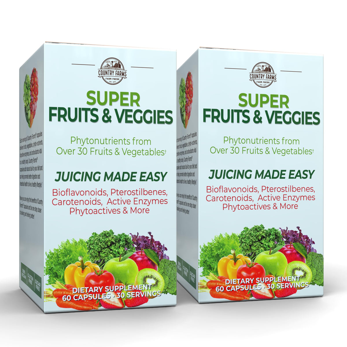 Country Farms Super Fruits et Légumes 60 capsules, vue avant du flacon