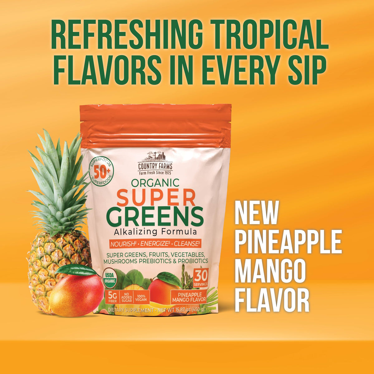 Country Farms Super Greens Ananas-Mangue en poudre sur une cuillère