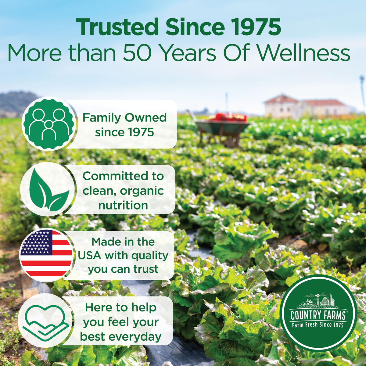 Country Farms Super Greens avec des fruits frais à côté