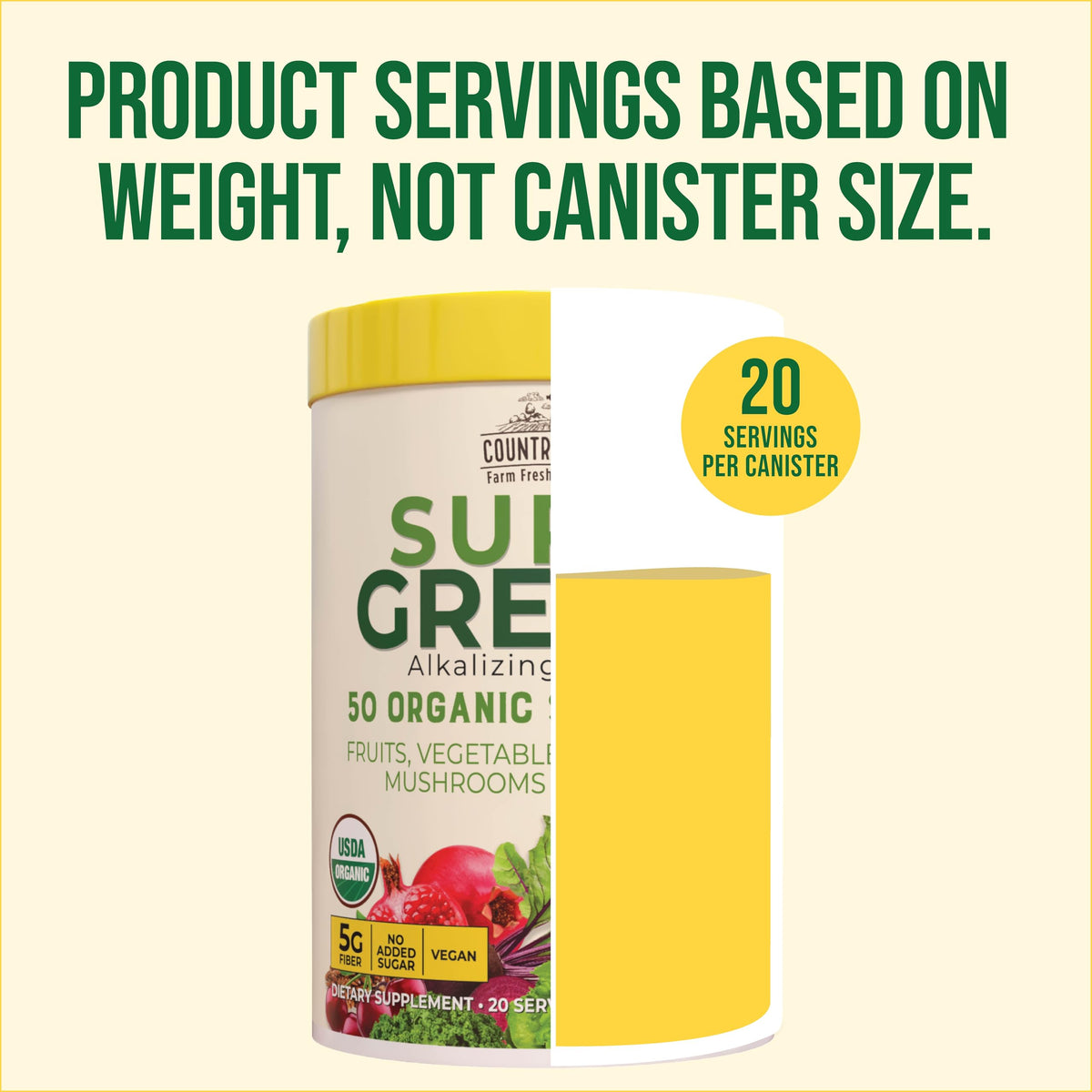 Country Farms Super Greens, bouteille avec étiquette USDA Organic