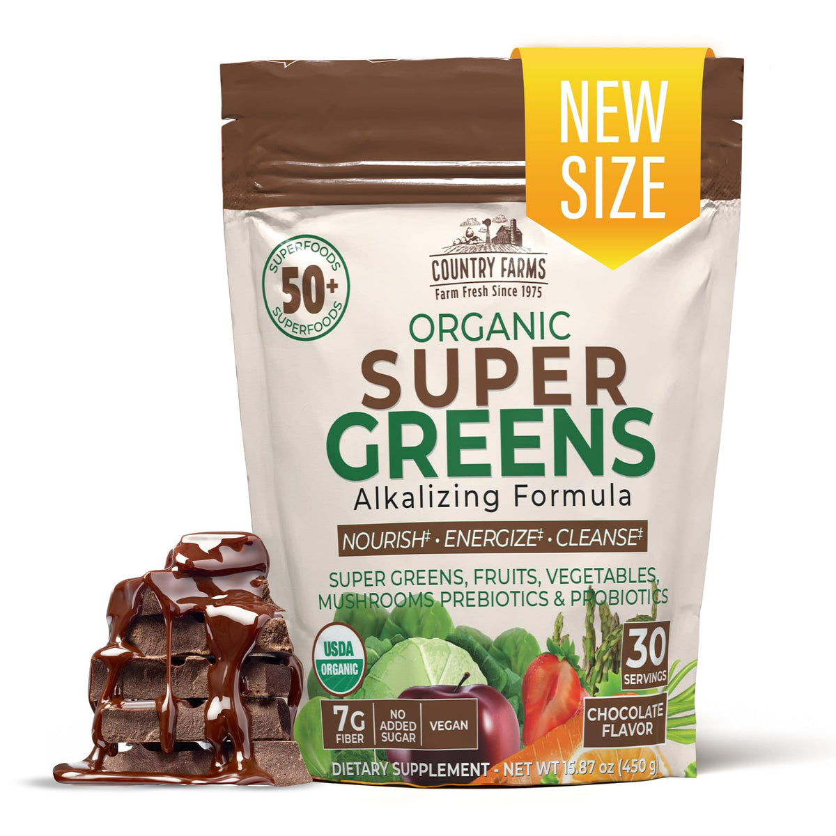 Country Farms Super Greens Chocolat 30 servings packaging front view