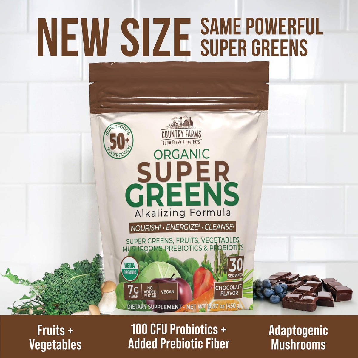 Country Farms Super Greens Chocolat being mixed in a smoothie