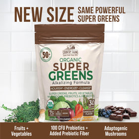 Country Farms Super Greens Chocolat being mixed in a smoothie