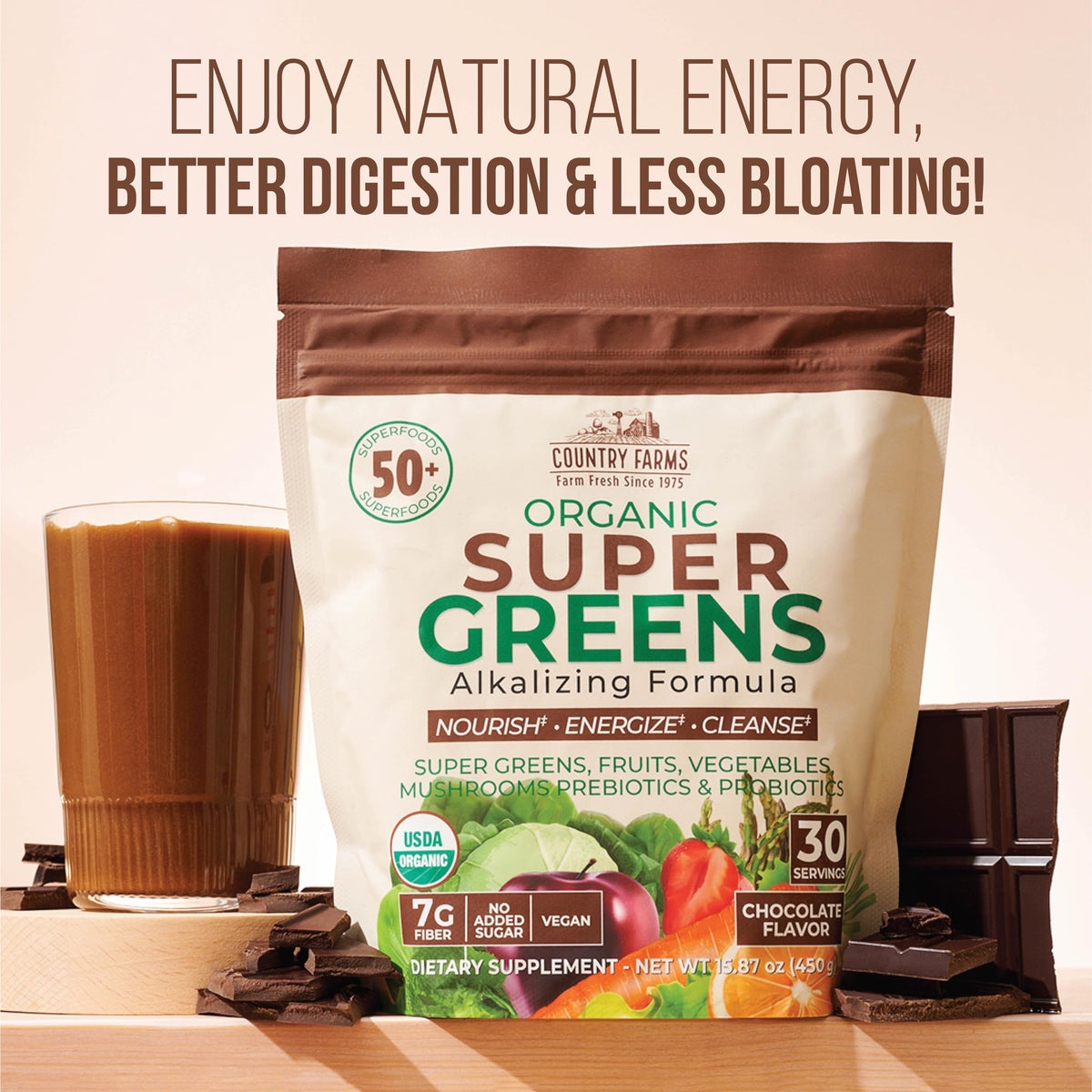 Country Farms Super Greens Chocolat powder in a glass