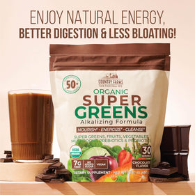 Country Farms Super Greens Chocolat powder in a glass
