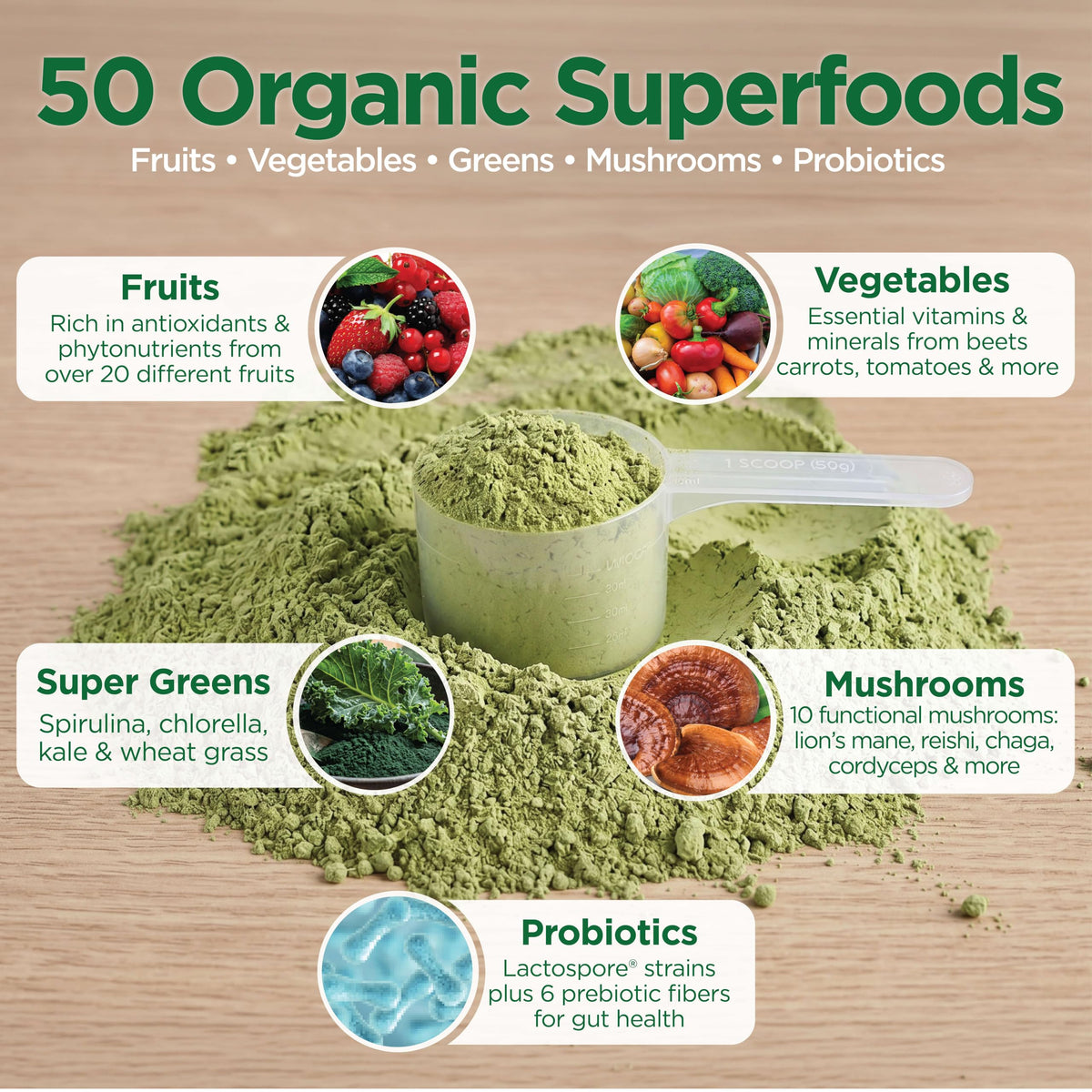 Country Farms Super Greens ingrédients bio sur une table