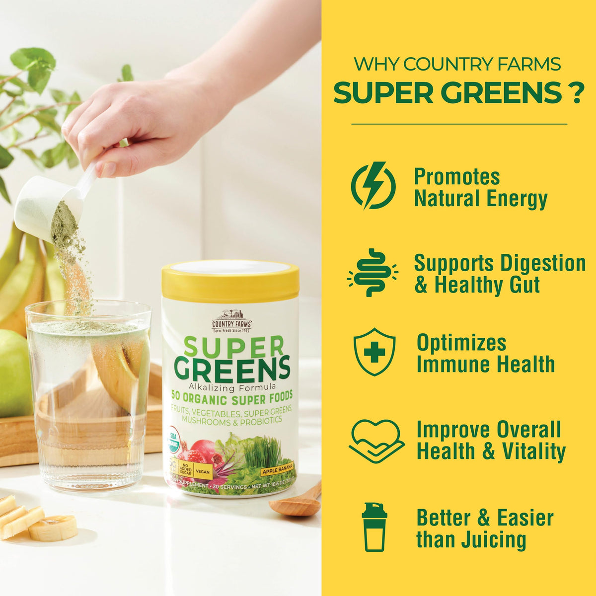 Country Farms Super Greens Poudre avec une cuillère doseuse à côté