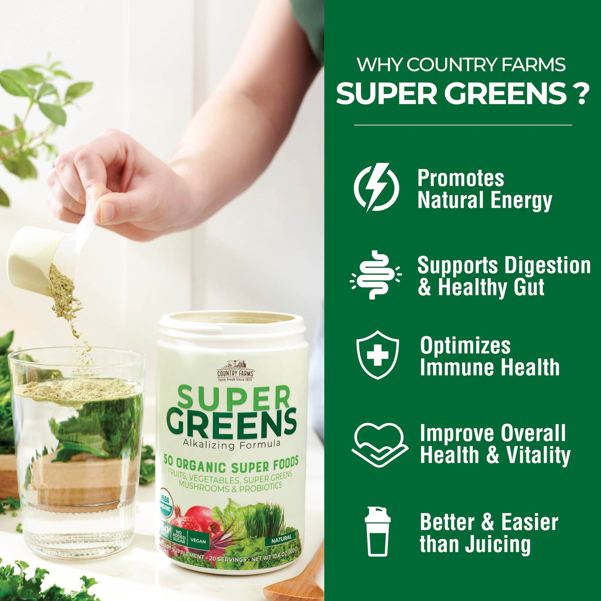 Country Farms Super Greens Power Pack 50 superfoods 839g in a glass