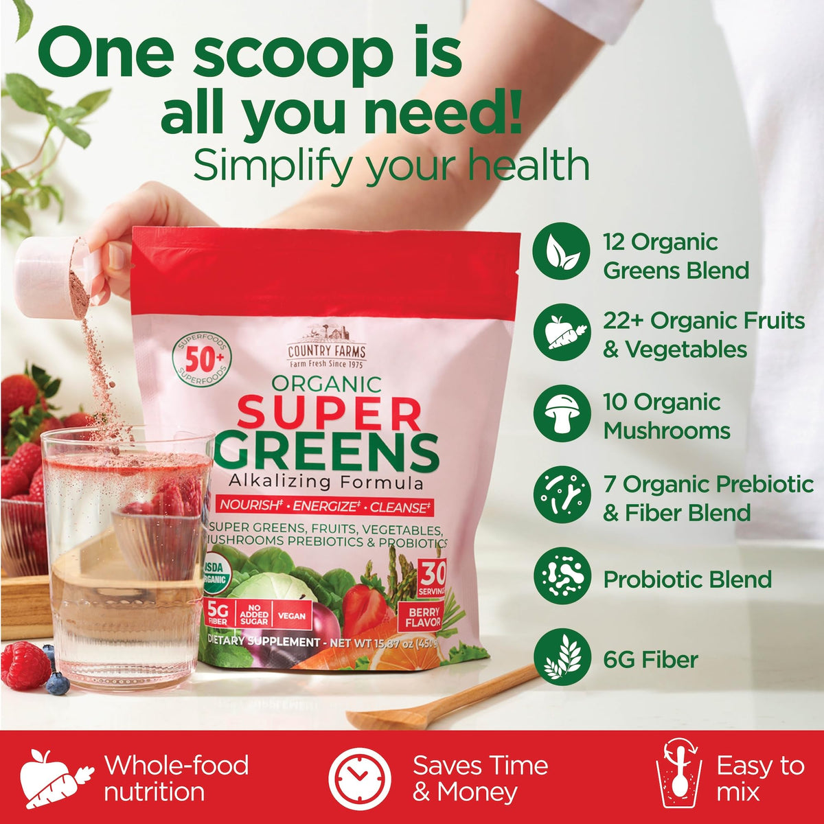 Country Farms Super Greens sur une table avec des fruits
