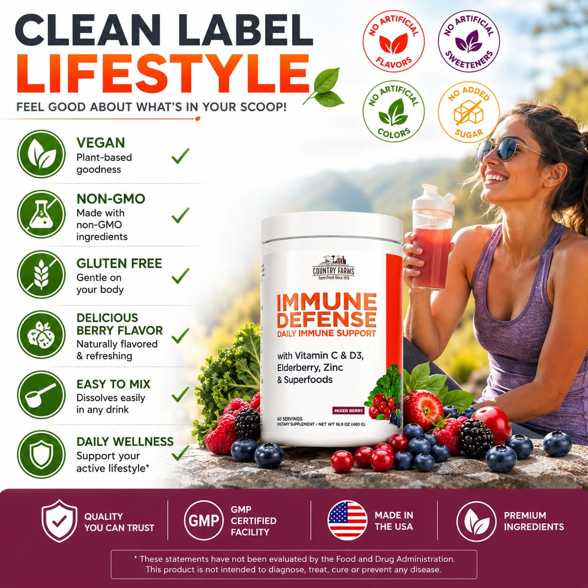 Country Farms Superfoods Défense daily wellness 60 servings close-up of powder