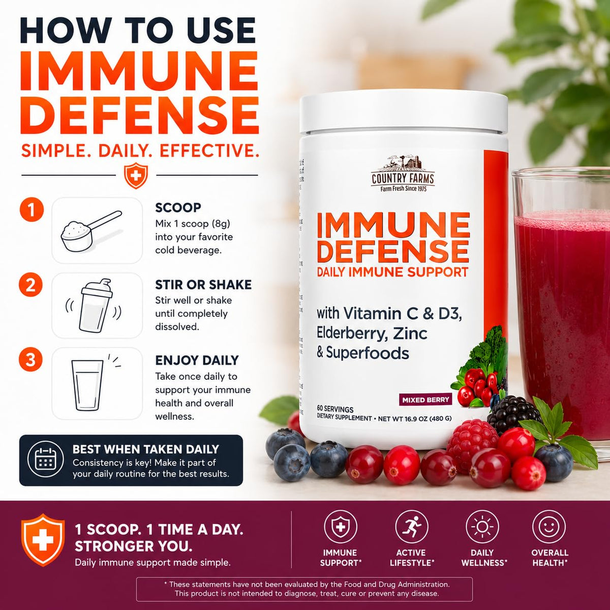 Country Farms Superfoods Défense daily wellness 60 servings lifestyle scene with smoothie