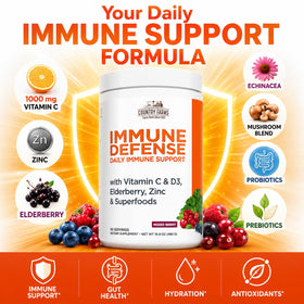 Country Farms Superfoods Défense daily wellness 60 servings powder in a glass