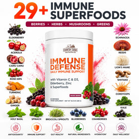 Country Farms Superfoods Défense daily wellness 60 servings scoop next to the container