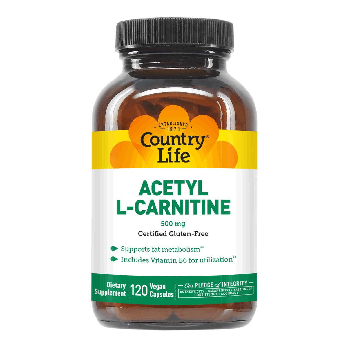 Country Life Acétyl L-Carnitine 500 mg 120 capsules végétales, vue de face