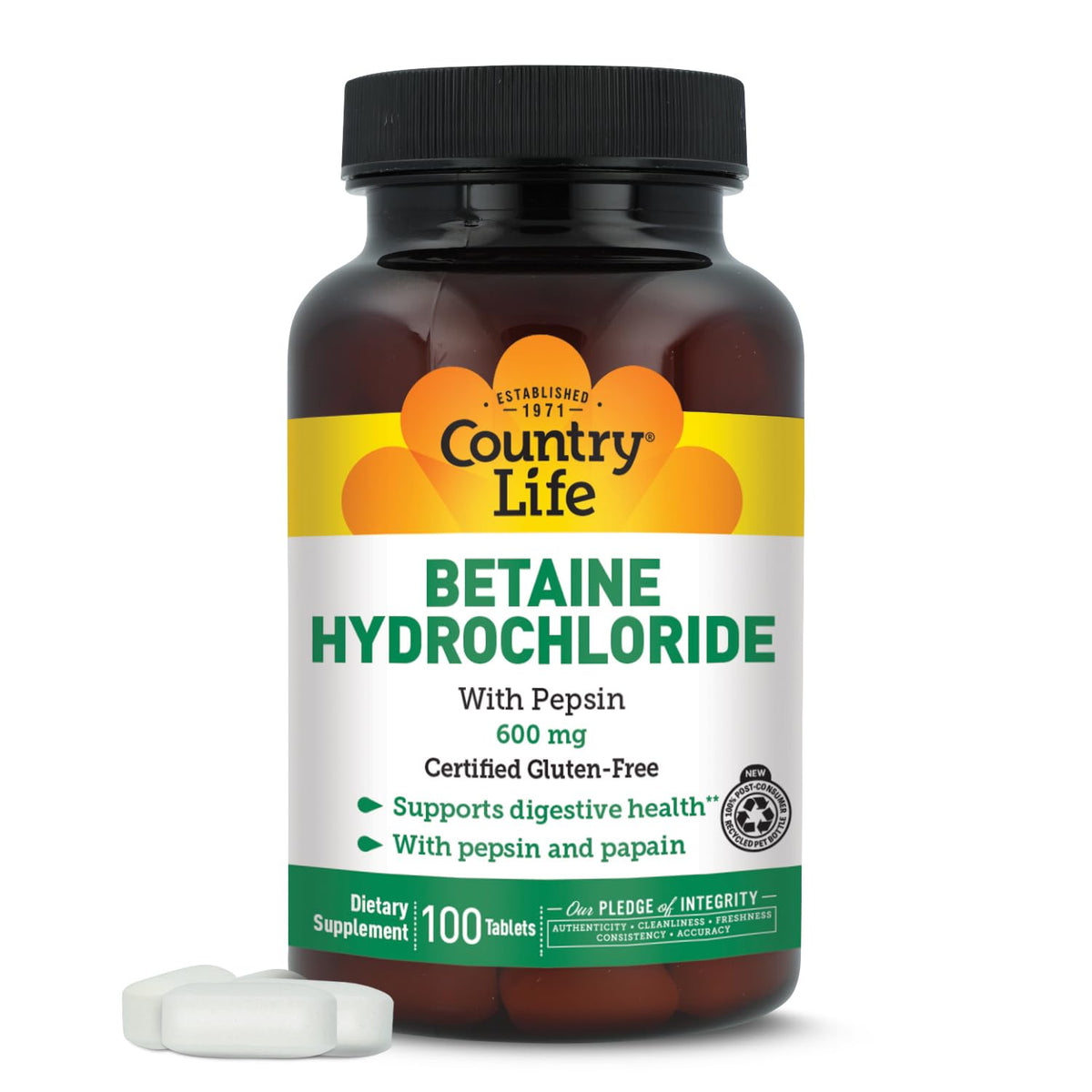 Country Life Betaine Hydrochloride 600mg comprimés, vue de face