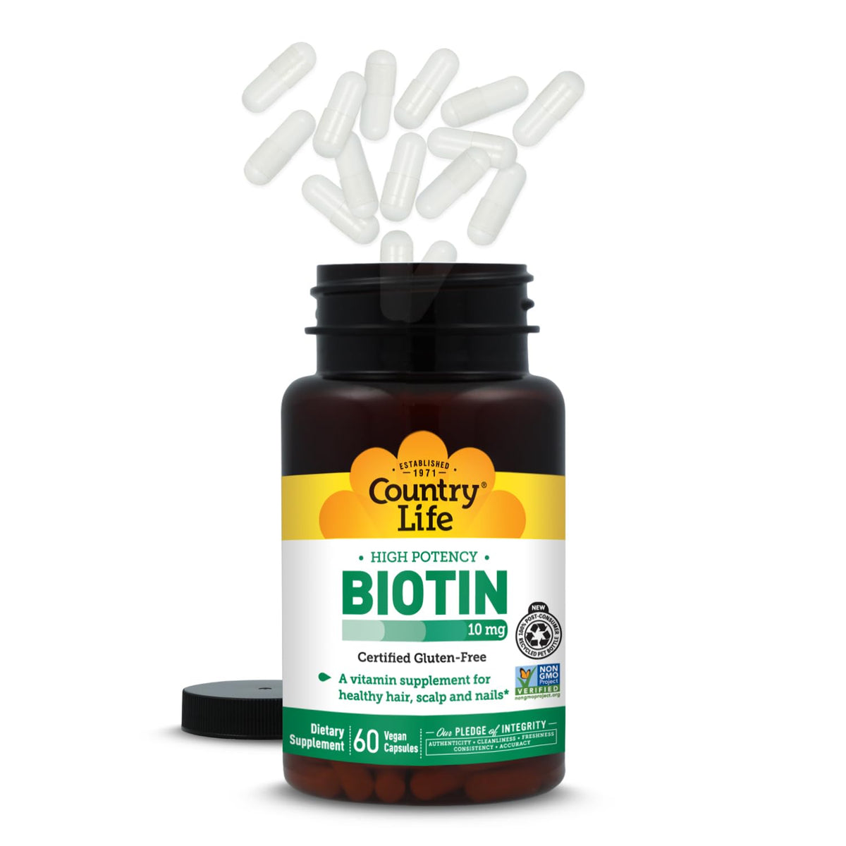 Country Life Biotin 10 000 mcg capsules vegan dans leur emballage