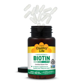 Country Life Biotin 10 000 mcg capsules vegan dans leur emballage