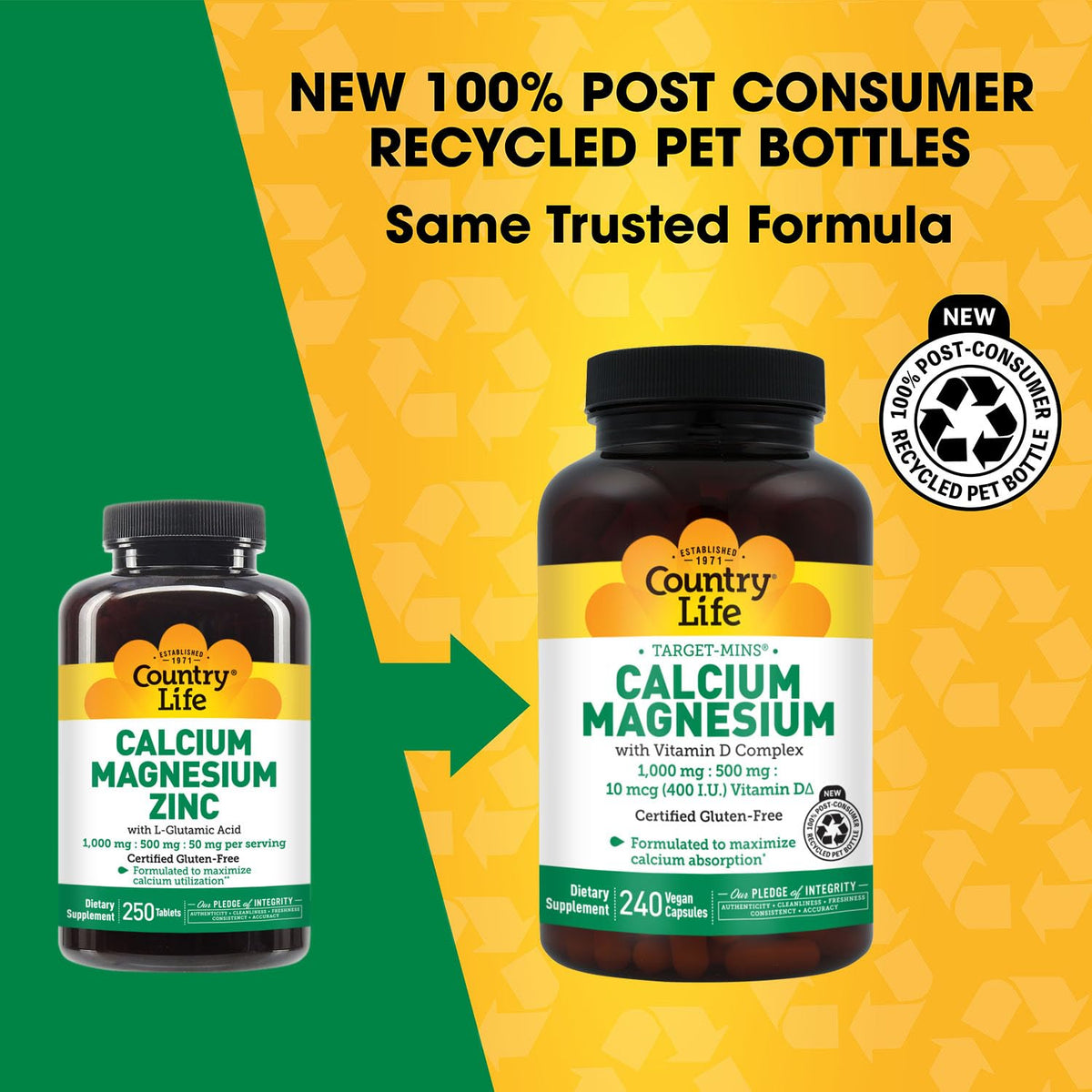 Country Life Calcium Magnésium Zinc 250 comprimés avec étiquette détaillée