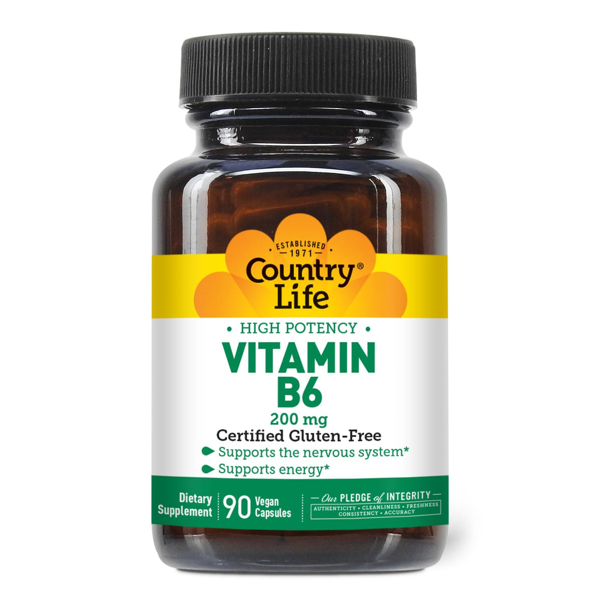 Country Life capsules de vitamine B6 200 mg devant un fond blanc