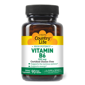 Country Life capsules de vitamine B6 200 mg devant un fond blanc