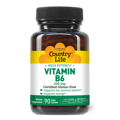 Country Life capsules de vitamine B6 200 mg devant un fond blanc