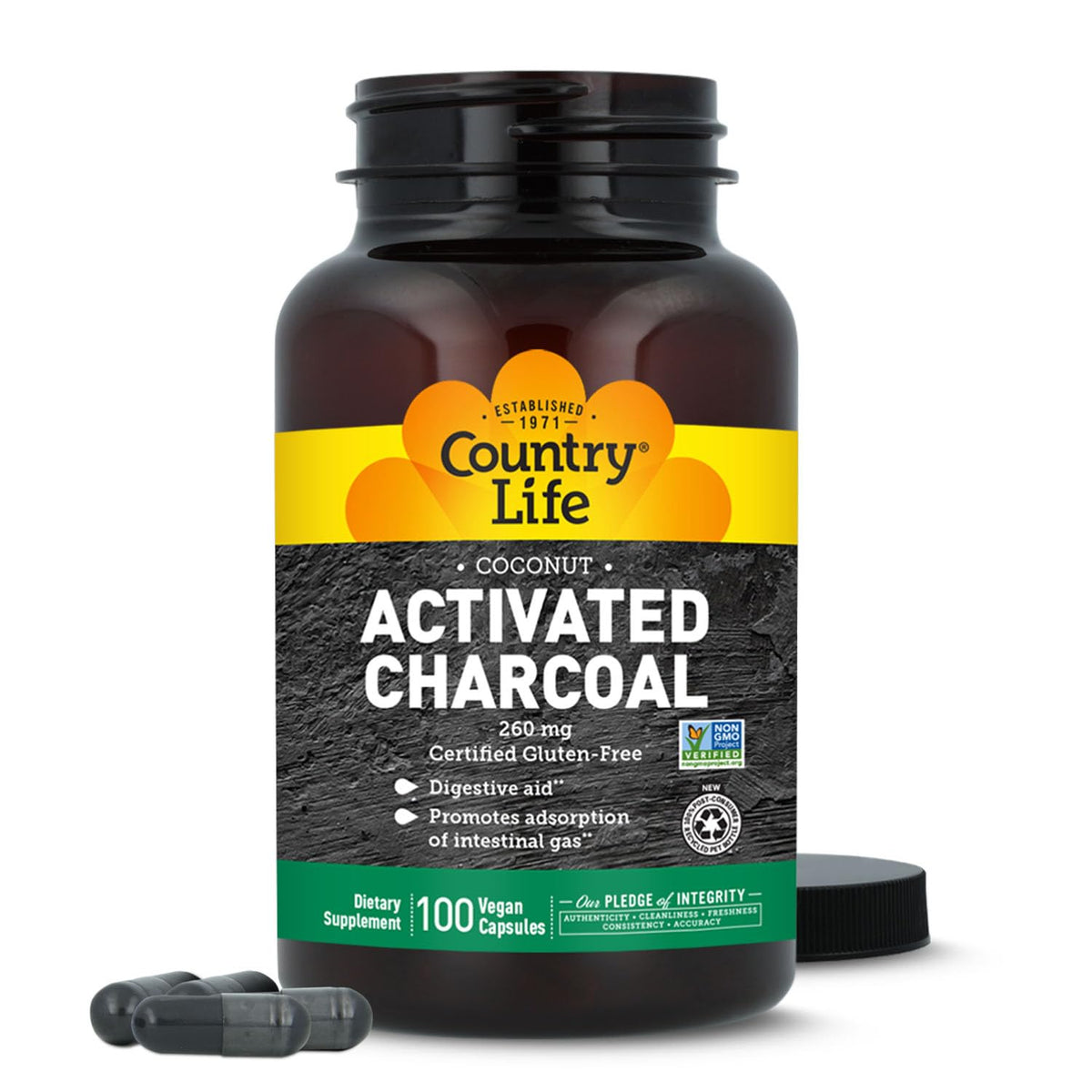 Country Life Charbon Actif 100 capsules végétaliennes avec étiquette