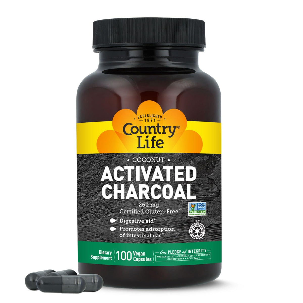 Country Life Charbon Actif 260 mg 100 Capsules Végétaliennes vue de face