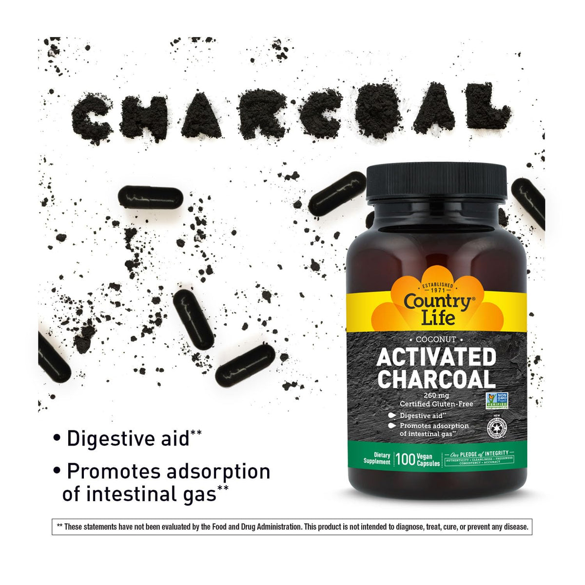 Country Life Charbon Actif 260 mg capsules végétaliennes sur fond blanc
