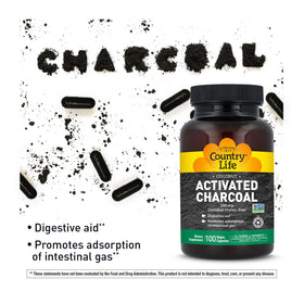 Country Life Charbon Actif 260 mg capsules végétaliennes sur fond blanc