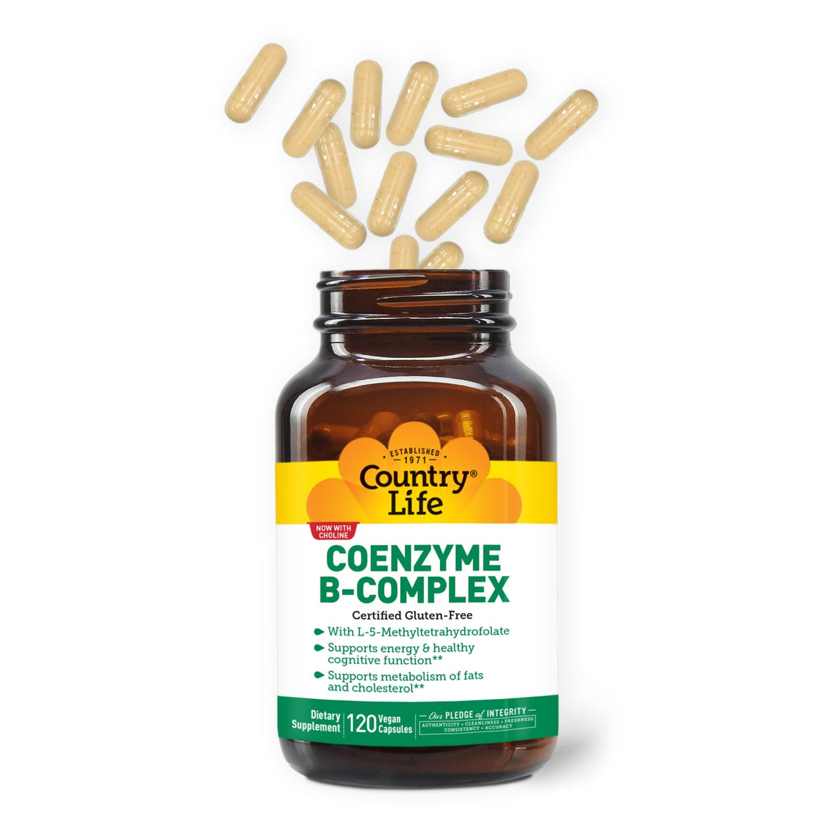 Country Life Coenzyme B-Complex 120 capsules, côté avec étiquette