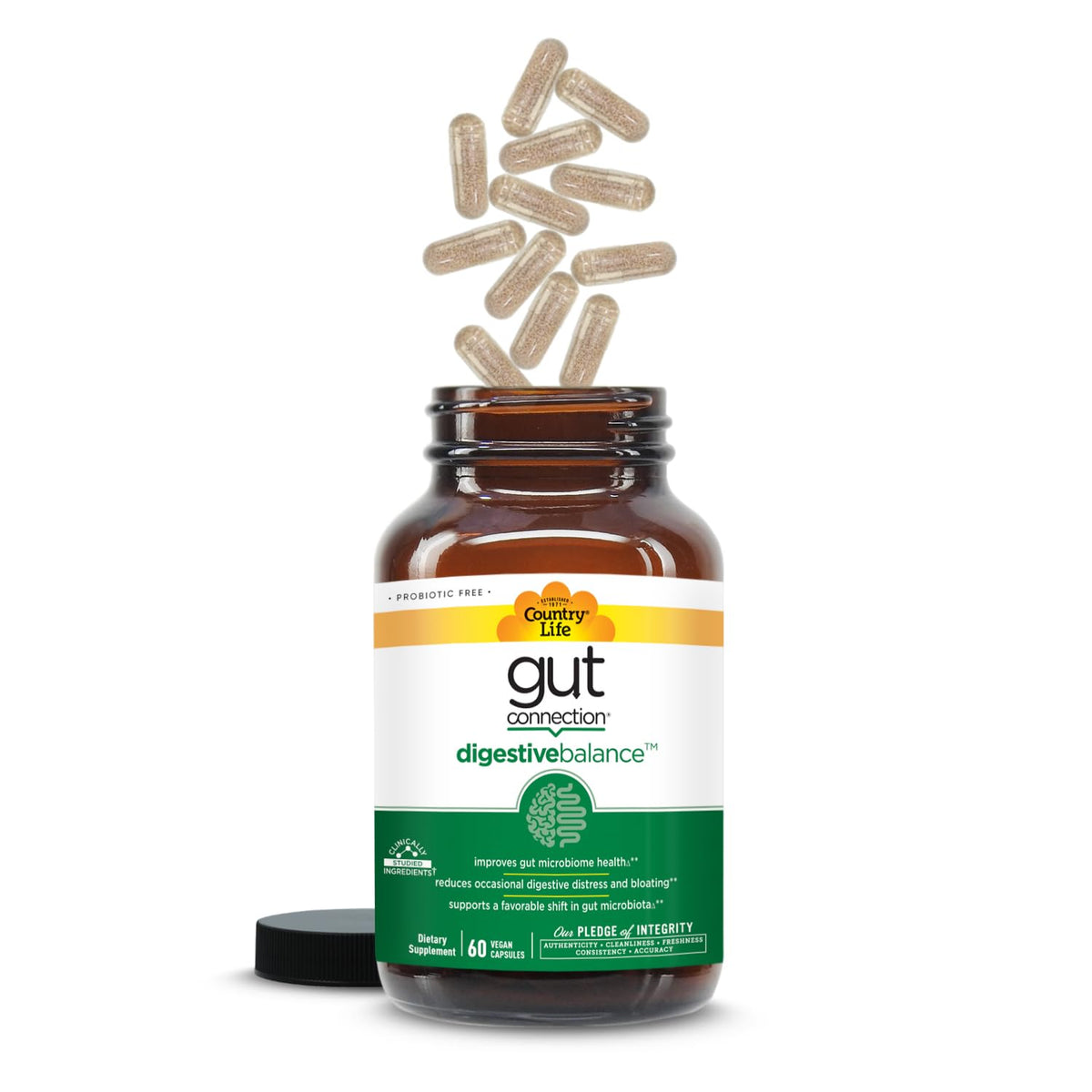 Country Life Gut Connection, boîte ouverte avec capsules visibles