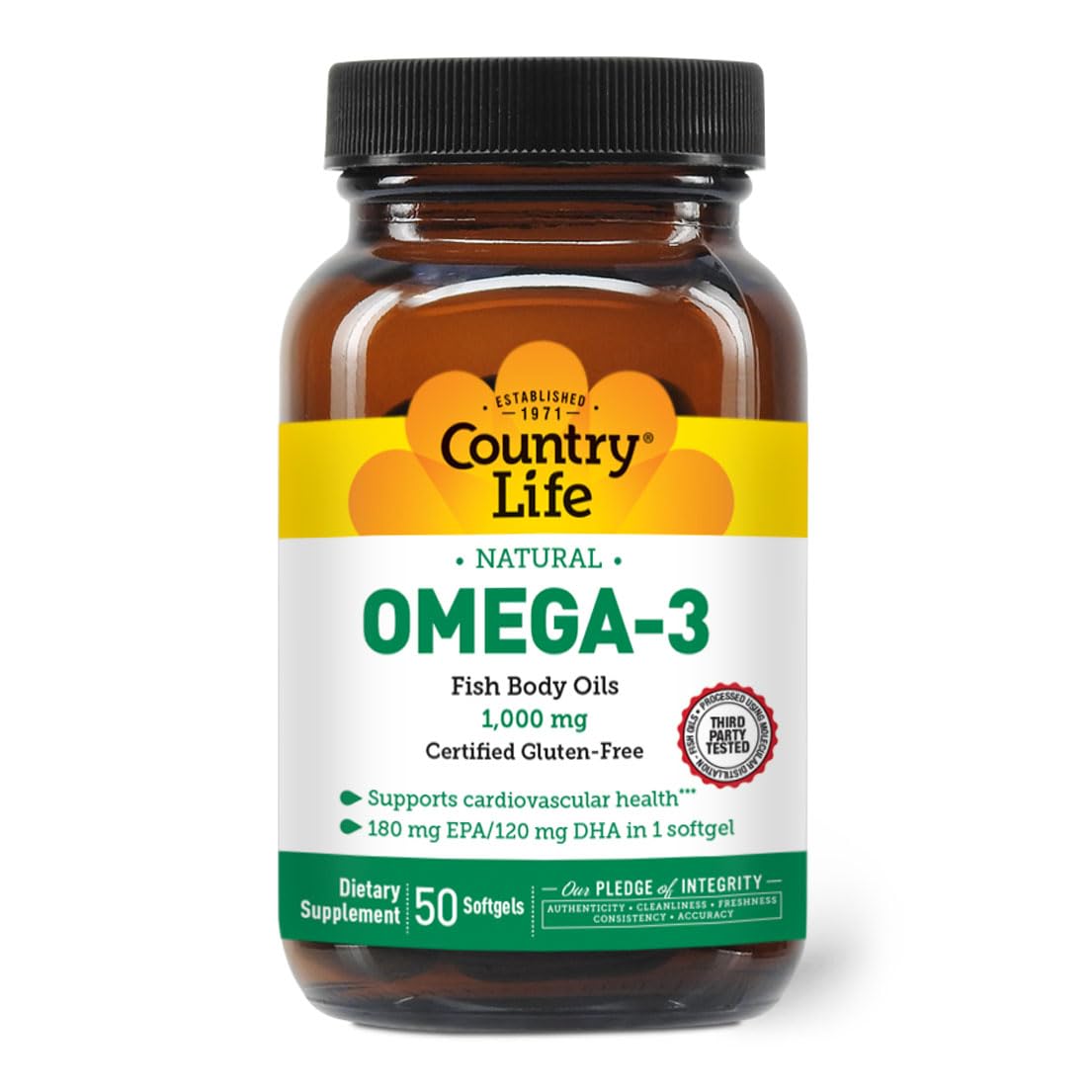 Country Life Huile de Poisson Omega-3 1000 mg, 50 Gélules - Avant