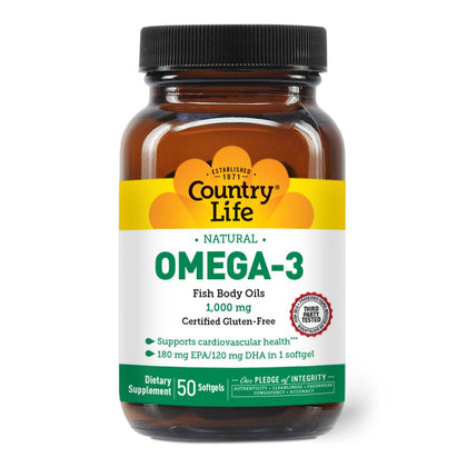 Country Life Huile de Poisson Omega-3 1000 mg, 50 Gélules - Avant