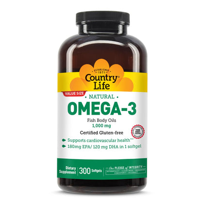 Country Life Huile de Poisson Omega-3 1000 mg flacon de 300 gélules