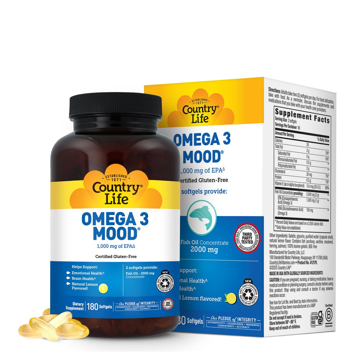 Country Life Huile de Poisson Omega 3 Mood 180 gélules et emballage