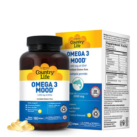 Country Life Huile de Poisson Omega 3 Mood 180 gélules et emballage